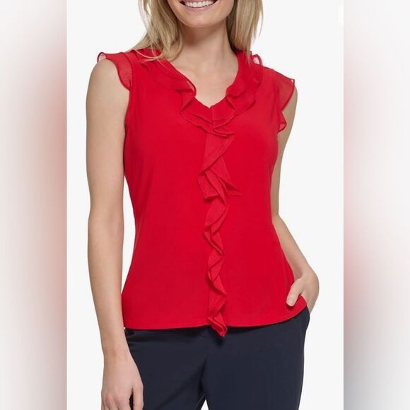 Tommy Hilfiger Tops - Tommy Hilfiger Red Sleeveless Ruffle Front Shirt Size S